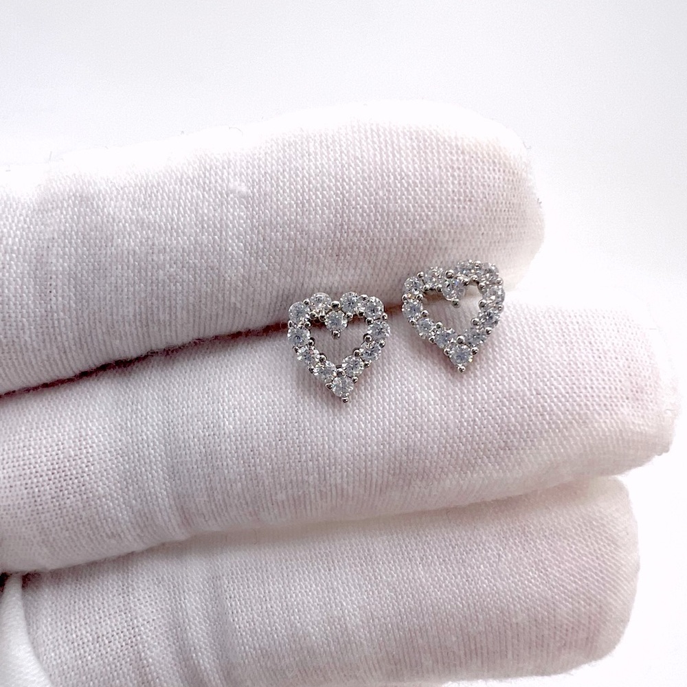 .925 Sterling Silver Open Heart Clear Cz Earrings - Picture 11 of 14